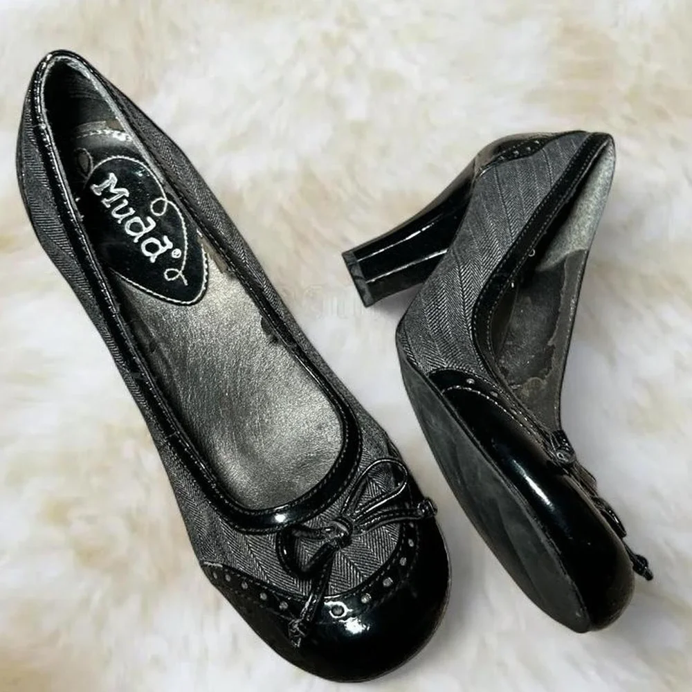Mudd Y2K Black Patent Mary Jane Heels Bow Embellished Pumps Size 7
